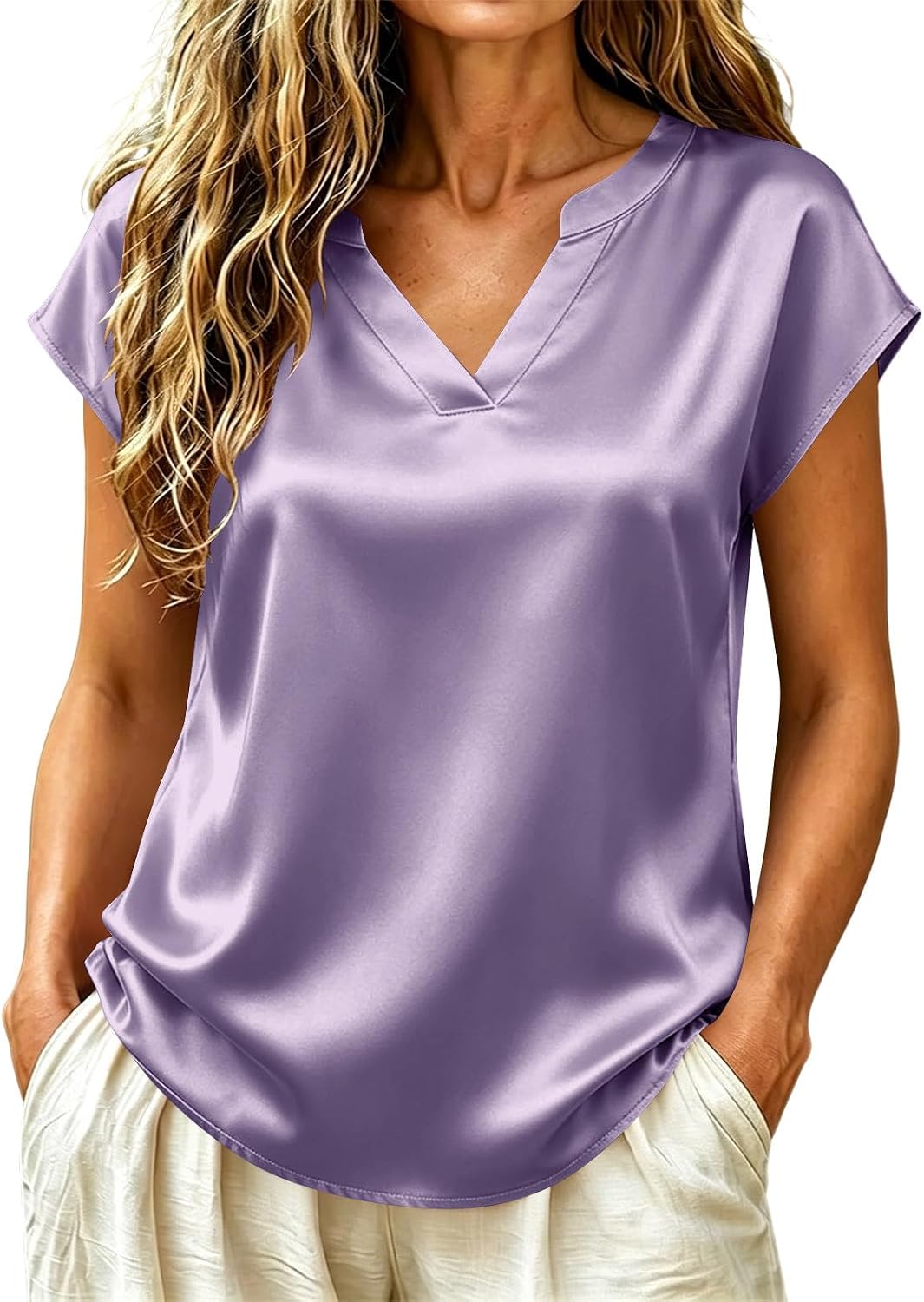 Womens Satin Silk Dressy Blouses Short Sleeve V Neck Casual Business Office Work Tops Elegant Going Out Shirts