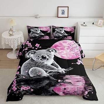 Feelyou Cherry Blossom Koala Bedding Set Queen Size,Pink Sakura Floral Moon Comforter Set,Kids Boys Girls Bedroom Room Decor,Cute Animal Koala Comforter,Soft Bed Set for All Season Lightweight