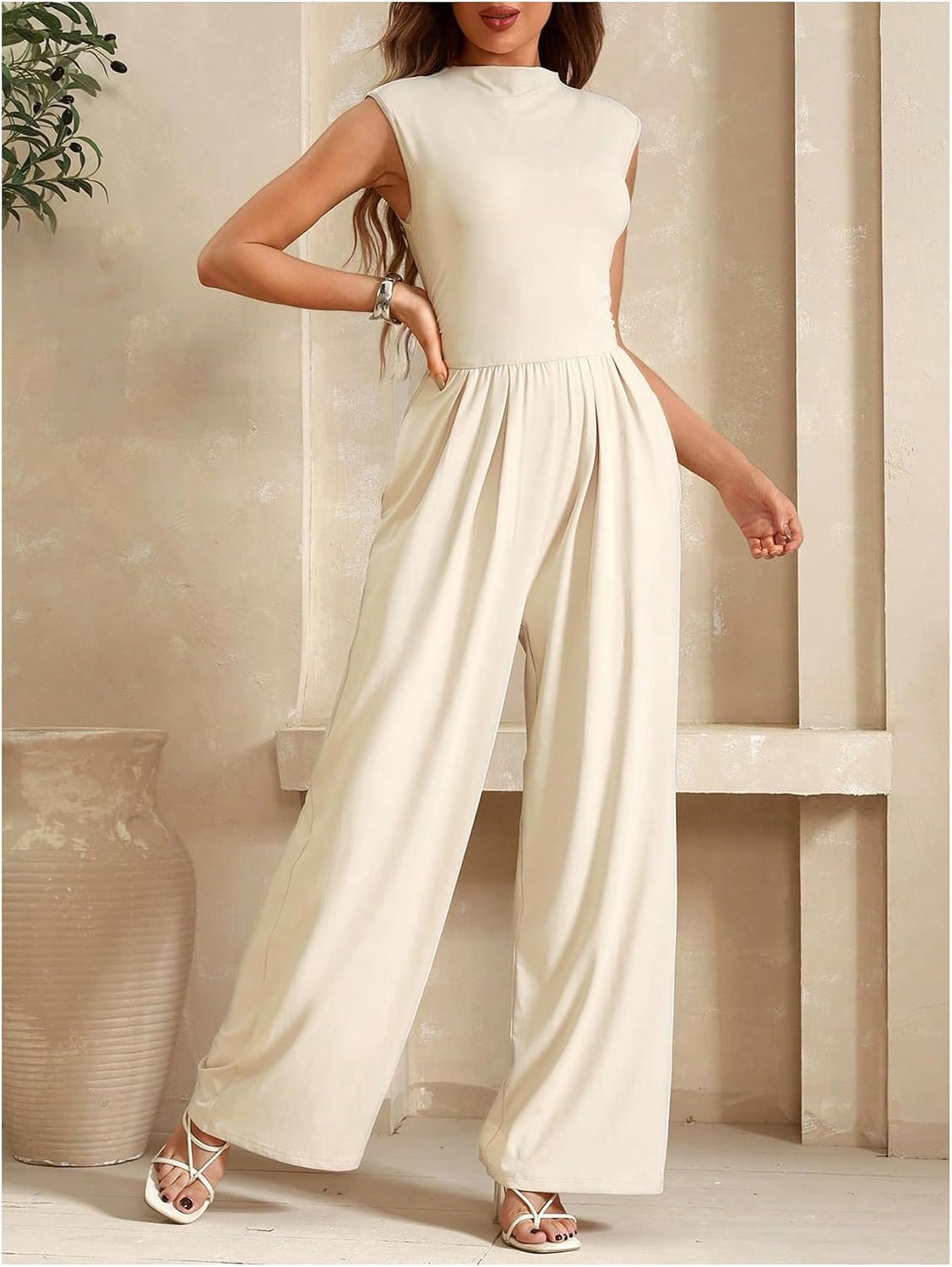 Floerns Women's Summer Wide Leg Jumpsuit Elegant Sleeveless Mock Neck Business Casual Romper