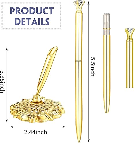 Miniatura 3 de Outus Juego de 2 bolígrafos de boda para firma de libros de invitados, dorados, huecos, redondos, soporte para bolígrafo, letrero de libro de