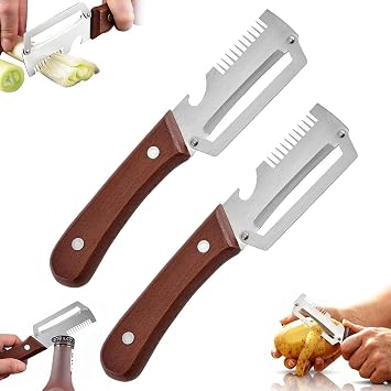 3-in-1 Multifunctional Vegetable Peeler, Wooden Handle Vegetable Peeler and Scallion Slicer Knife, with Wooden Handle and Bottle Opener,for Fruit VeggieA