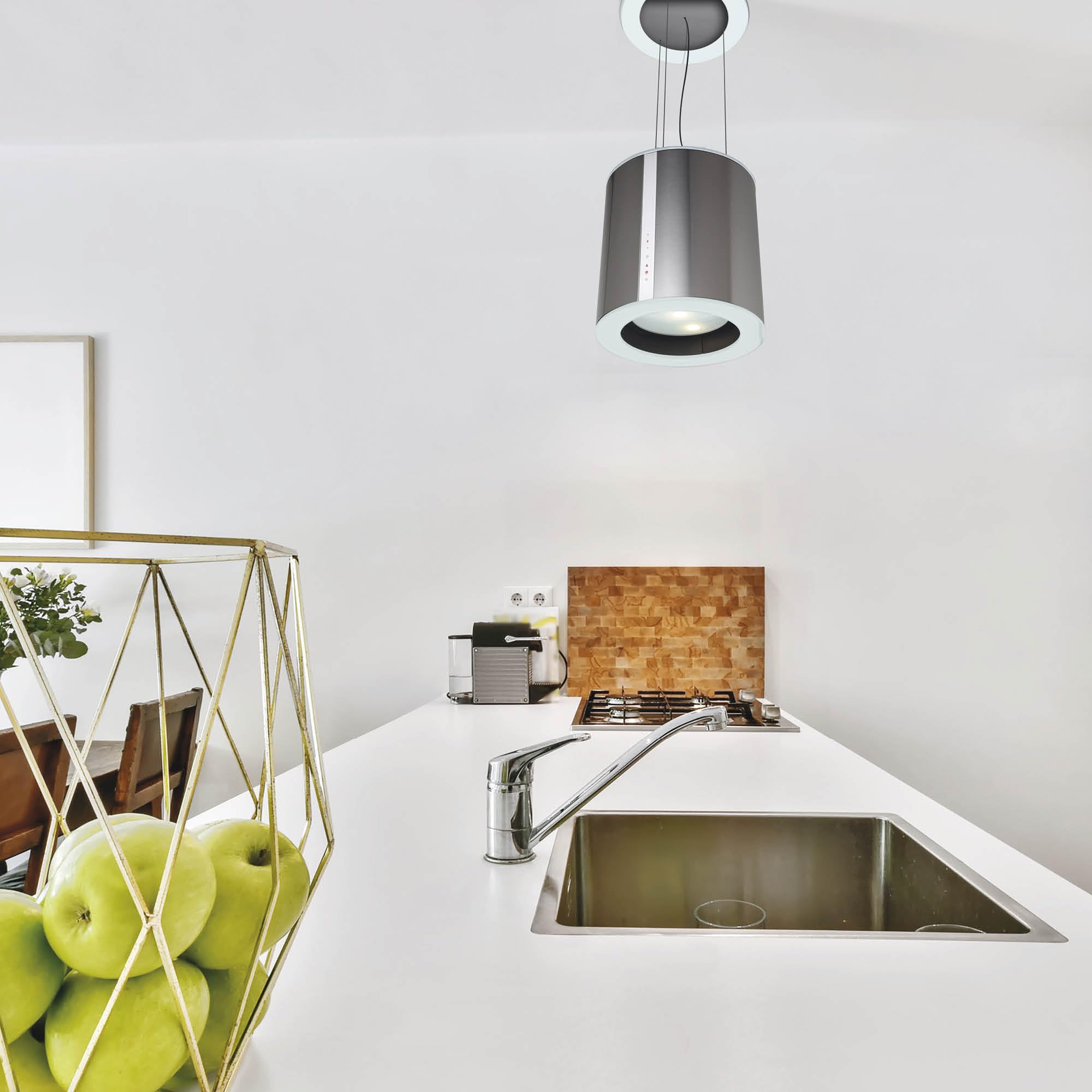 Cata Campana Extractora ISLA MOON, 3 Velocidades, Panel Control Táctil, Capacidad Extracción 645m3/h, Motor BT2 Extra Silencioso, LED, Fácil Instalación, Filtros Incluidos, Acabo Inox y Cristal Blanco