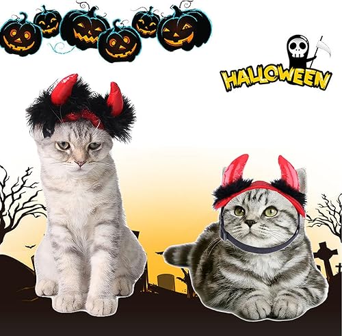 Miniatura 6 de ABLAZEZAI Diadema de Halloween para mascotas, sombrero ajustable de cuerno de diablo para perros, accesorios para disfraz de Halloween para gatos,