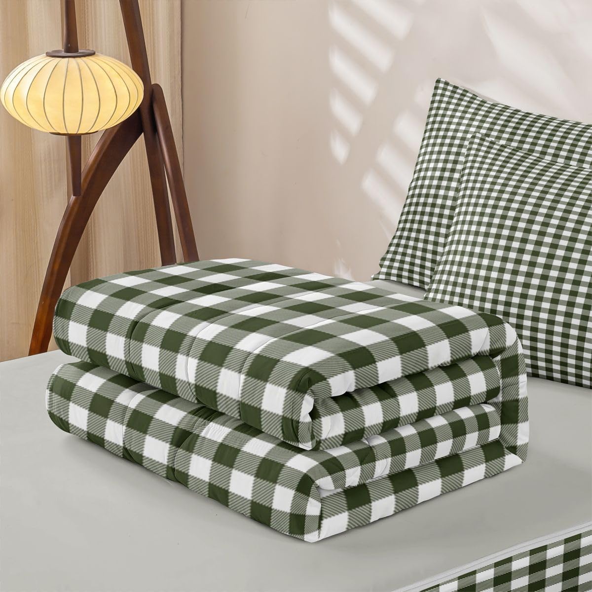Feelyou Sage Green Gingham Zipper Bedding Bedding Sets for Kids Boys Girls