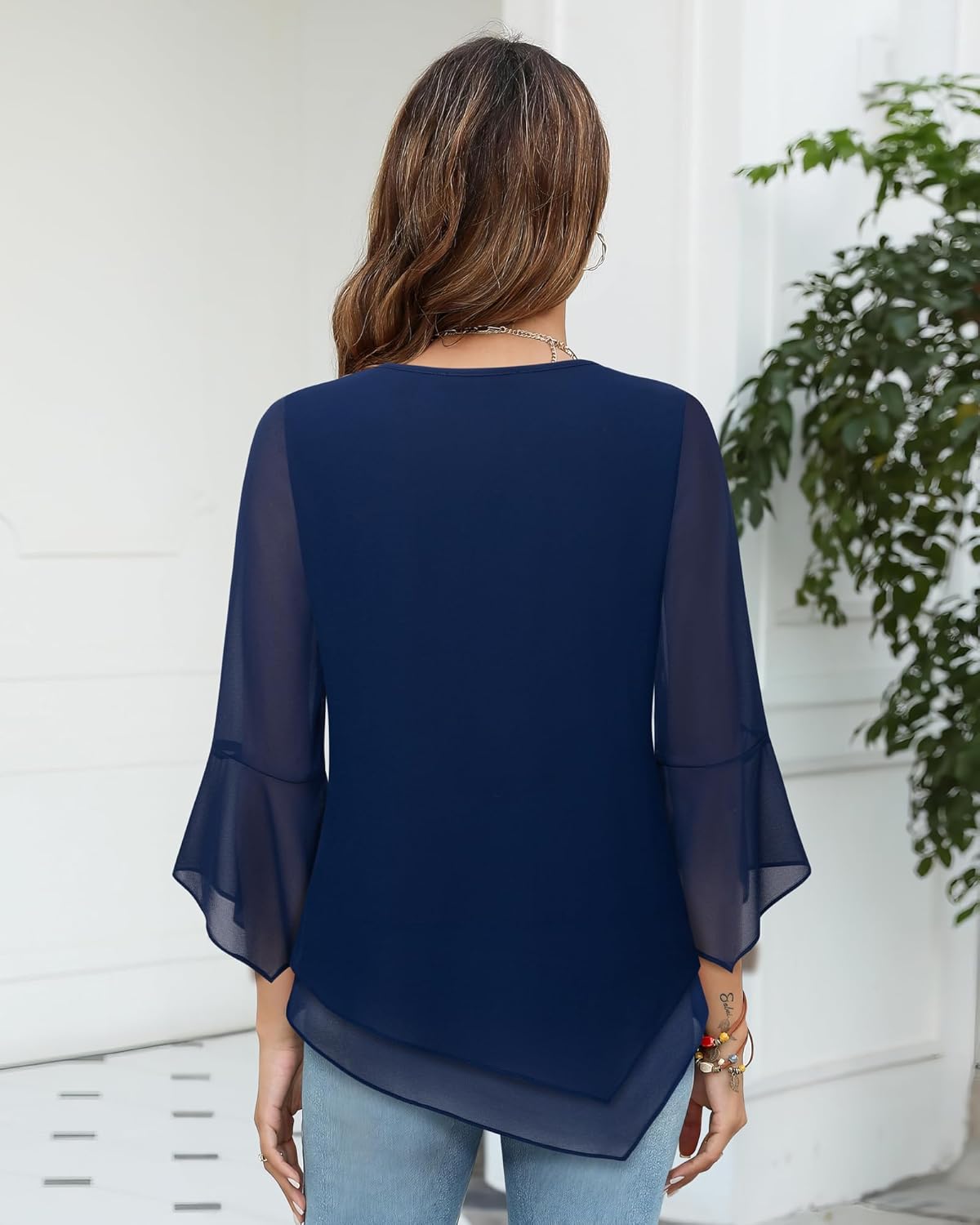 Furnex Blouses for Women Dressy Casual 3/4 Ruffle Sleeve V Neck Chiffon Double Layers Business Casual Tops for Women - Image 4