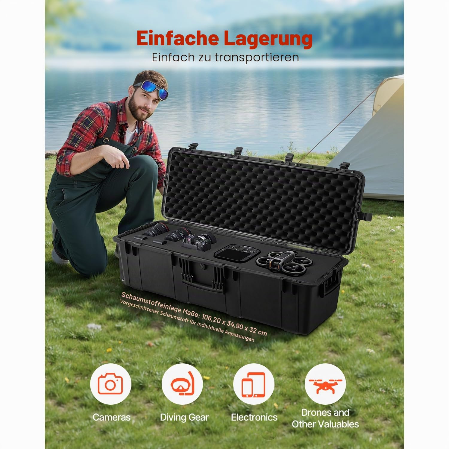 VEVOR 5,5 Kubikfuß wetterfester Hartschalenkoffer, wasserdichter Hartschalenkoffer mit großer Kapazität und 3 Griffen, IP67 wasserdichte Schutzhülle mit 6 Clips, 6 Vorhängeschlosslöchern