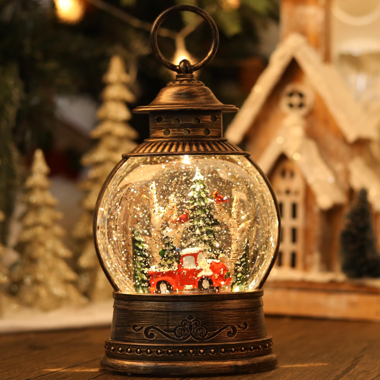 Boule à neige musicale de camion rouge, décorations de Noël musicales, minuterie 6H, fonctionnement USB/piles, camion rouge, décoration d'intérieur