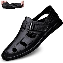KNEGSMHG Mens Genuine Leather Hollow-Out Business Sandals,Adjustable Closed Toe Flat Fisherman Shoes,Summer Outdoor Casual Anti-Slip Beach Sandals