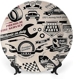 6 Inch Decorative Plate, Retro Ceramic Craft, Car Repair Shop Logos Print Ceramic Wall Hanging for Fine Dining, Upscale Events, Dinner Parties, Weddings, Catering, Christmas, Thankgiving Decor