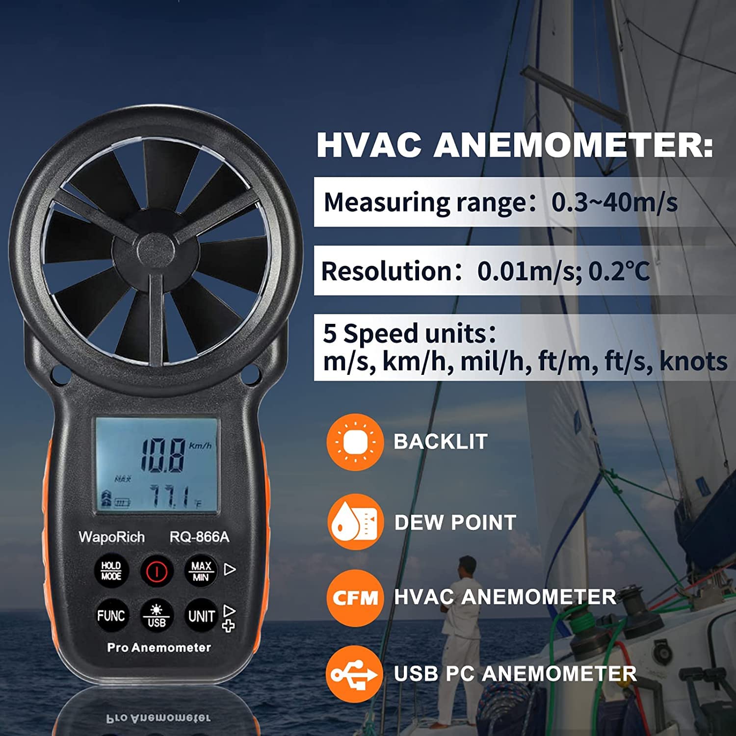 Anémomètre Numérique CFM, WapoRich Anemometre Portable - Synchronisation des Données avec PC pour une Analyse Précise - Mesure la Vitesse du Vent/Débit d'Air/Humidité/Temp/Point de Rosée RQ-866A