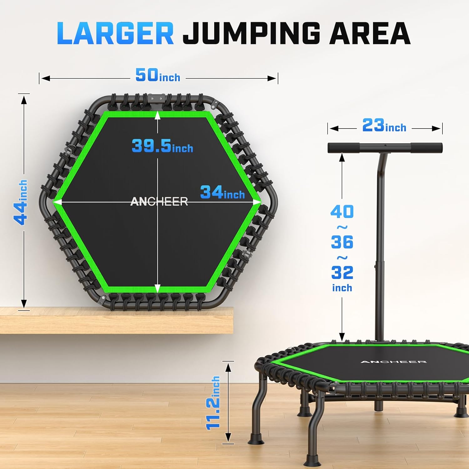 ANCHEER Trampoline, 50'' Rebounder Trampoline for Adult with Bar, Indoor Mini Trampoline, 550LBS Fitness Trampoline with Bungee, Jumping Cardio Equipment, Exercise Trampoline at Home Gym - Image 8