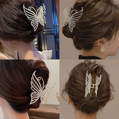 Miniatura 3 de Pinzas para el cabello con perlas de mariposa, pinzas grandes de metal dorado, agarre fuerte, antideslizantes, pasadores con incrustaciones de