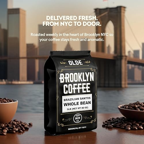 Miniatura 3 de BROOKLYN Coffee - Café en grano entero, tostado medio brasileño Santos (5 libras) americano, desayuno, clásico, granos de café frescos a granel