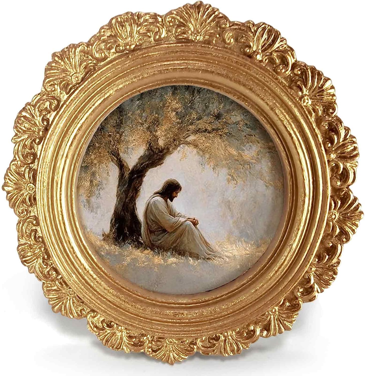 Small Vintage Christian Jesus Round Picture Frame Wall Decor,Christ in Gethsemane Gold Mini Ornate Photo Frame for TableTop 2.7in Photo,Bible Verse Framed Artwork for Walls Office Prayer Room