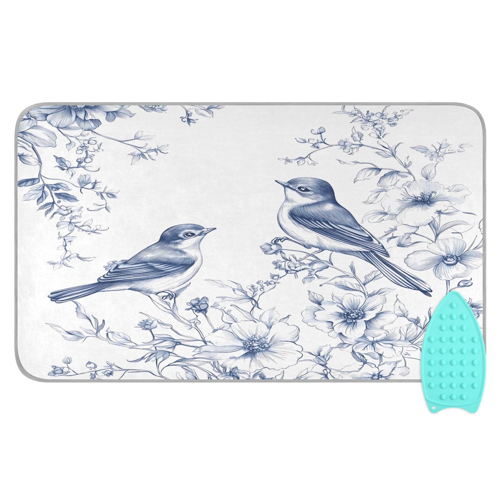 pnyoin Portable Ironing Mat Elegant French Birds Travel Ironing Pad with Silicone Iron Rest for Steam Pressing on Tabletop or Bed Heat Resistant Portable Quilting & Travel Blanket