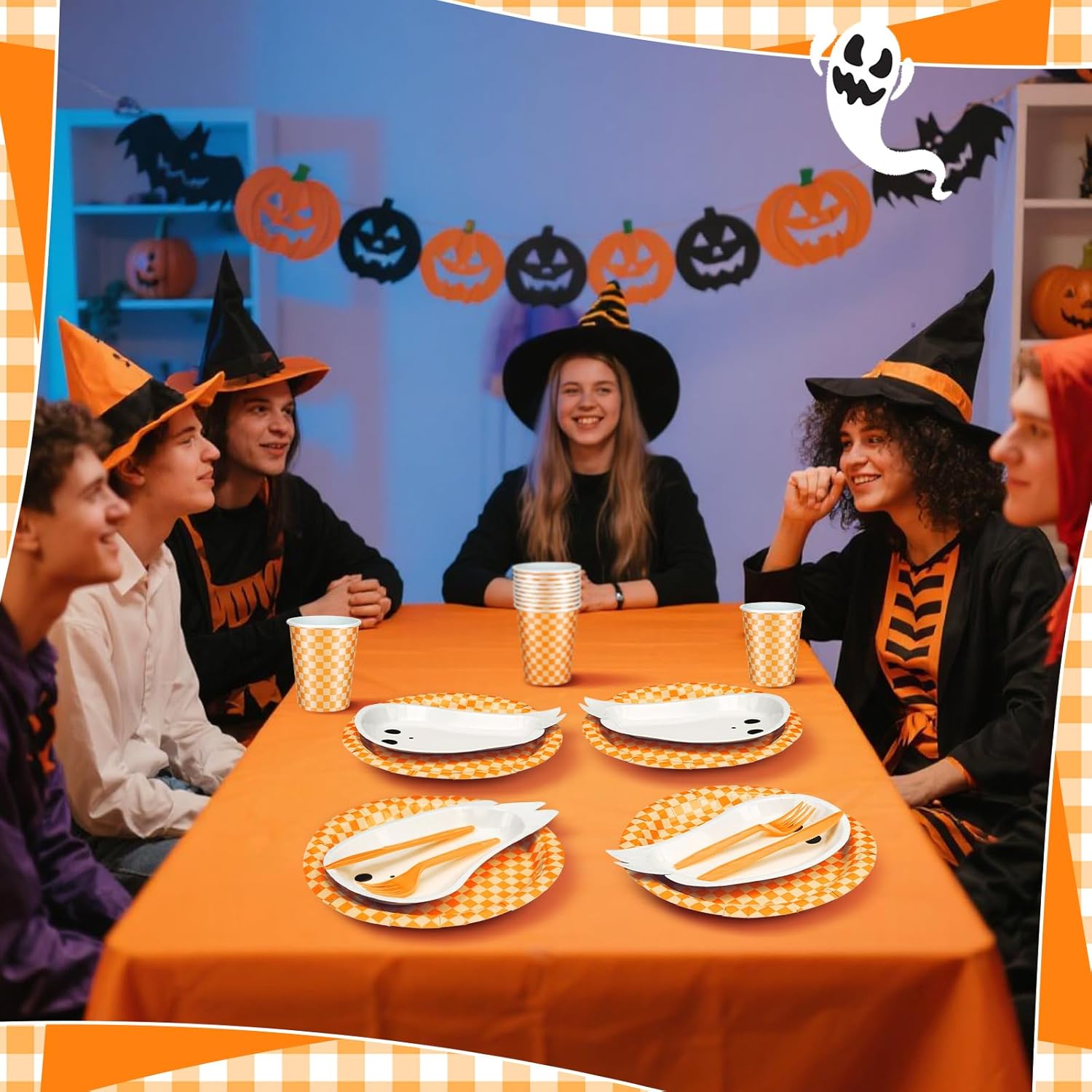 Yungyan 144 Pcs/24 Set Halloween Paper Plates and Napkins Boo Ghost Plates Orange Cups with Forks and Knife Halloween Party Tableware Set for Spooky Birthday Party Decoration Boo Baby Shower