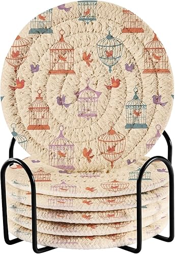 6 Pcs Vintage Bird Beige Coasters for Drinks Absorbent Drink Coasters with Holder Woven Round Coaster for Home Office Decor Housewarming Gifts