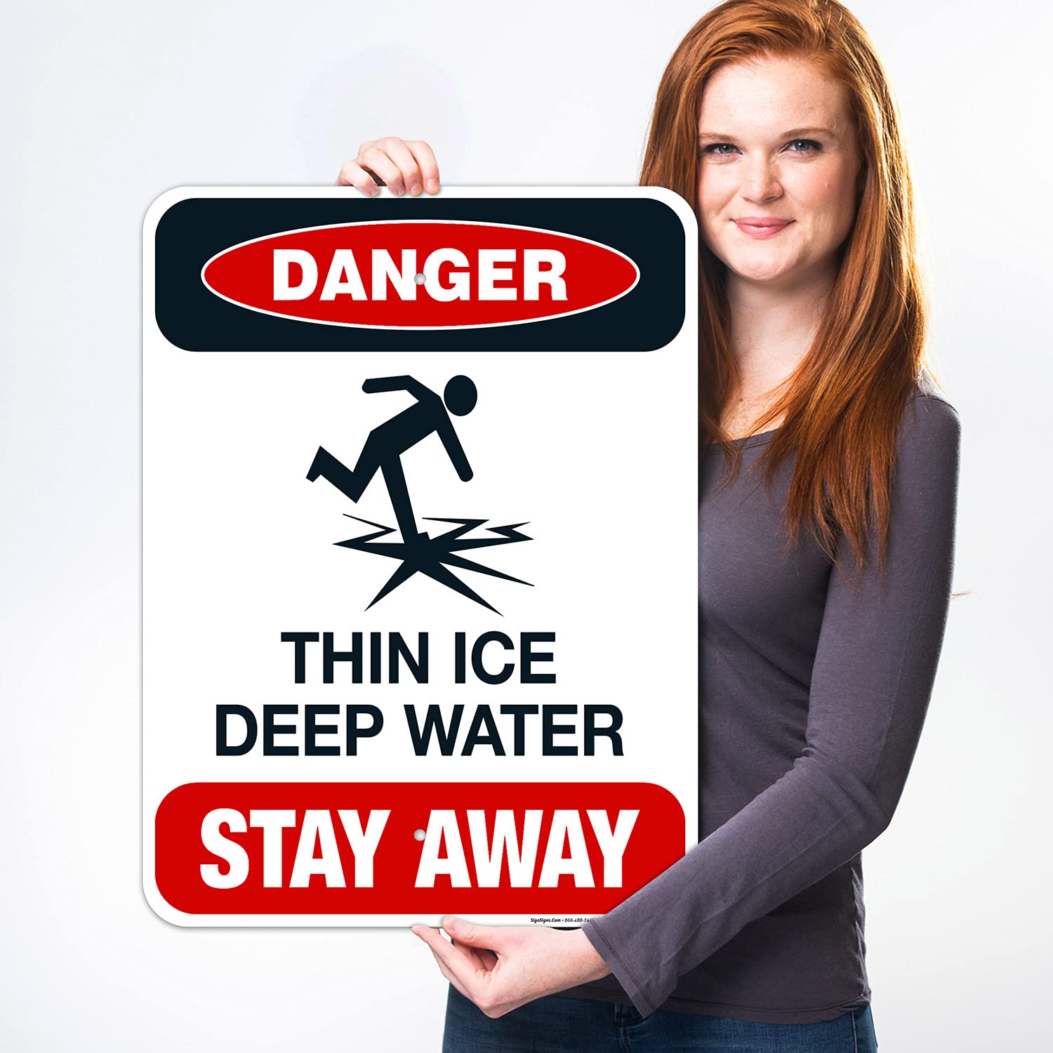 Thin Ice Deep Water Stay Away Sign, 18x24 Inches, Rust Free .063 Aluminum, Fade Resistant, Made in USA