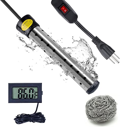 Calentador de agua de inmersión, calentador de agua portátil de 1500 W para bañera con protector de acero inoxidable y termómetro LCD digital,