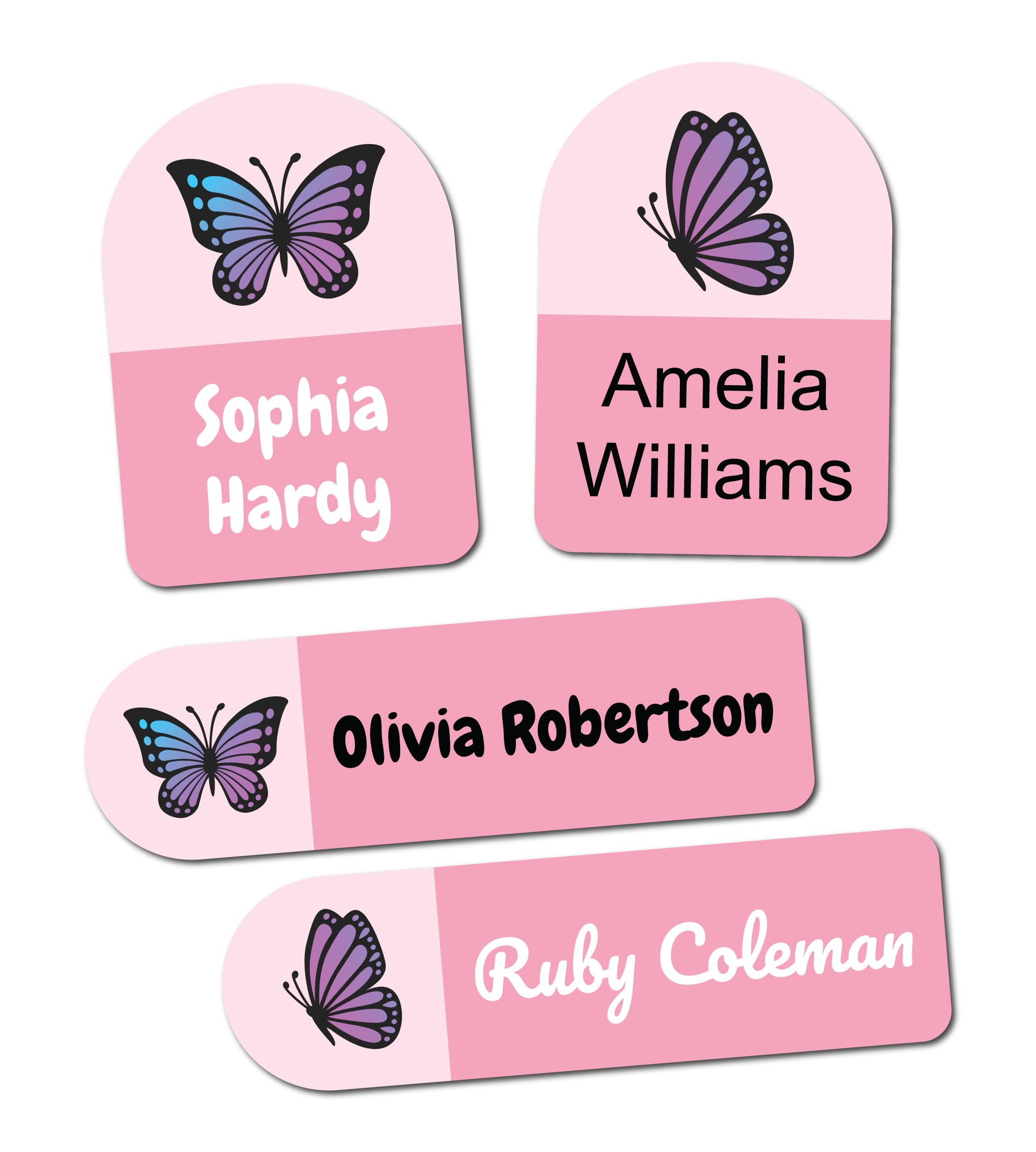 QuoteMyWall 20 Personalised Stick On Clothing Labels Fors Kids School Clothes Nursery Washable Tumble Dryer Safe - Custom Name Sticker Tags for Stationery (Pink (Butterflies))