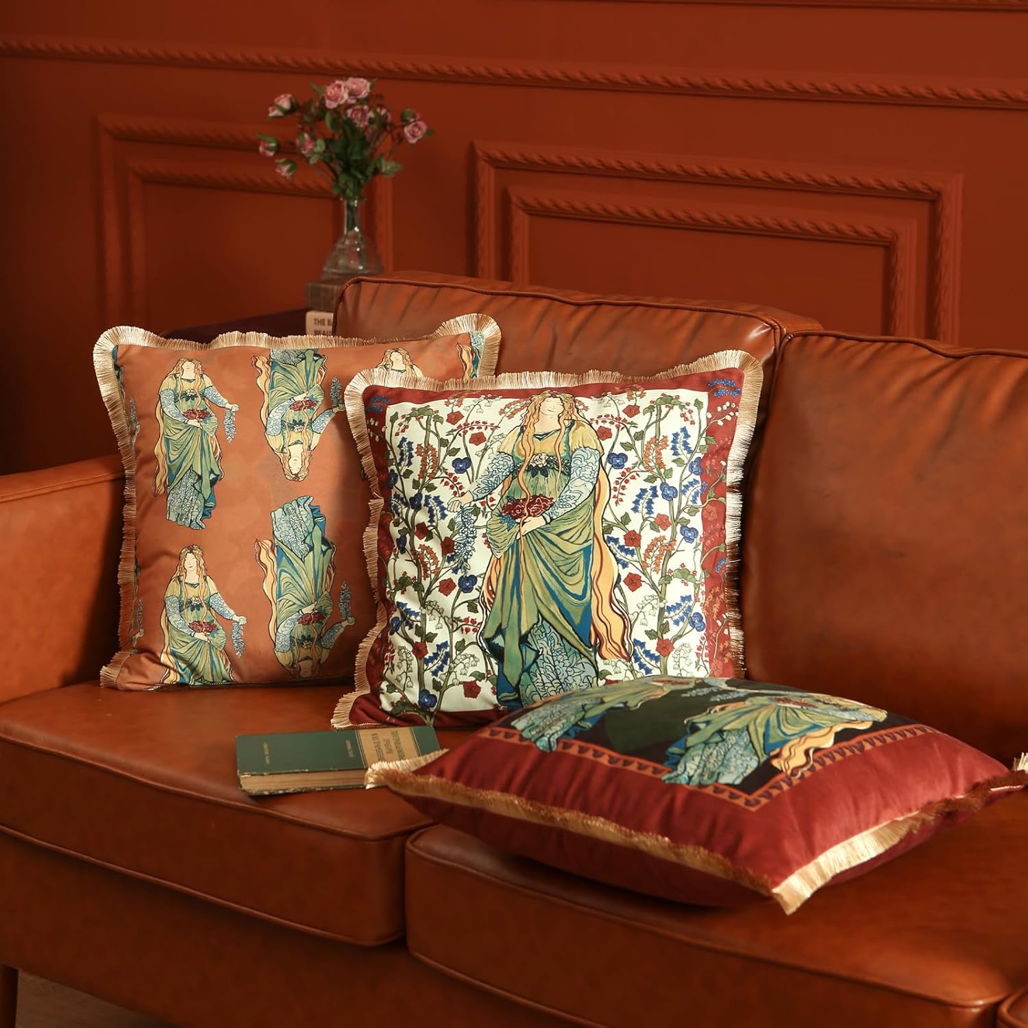 patdrea Designer Vintage Velvet Throw Pillow Covers 18x18 Inch,Ancient Civilization Characters Collection Pattern,Decorative Square Pillowcases Cushion for Bed Living Room Outdoor Car,Pack of 4