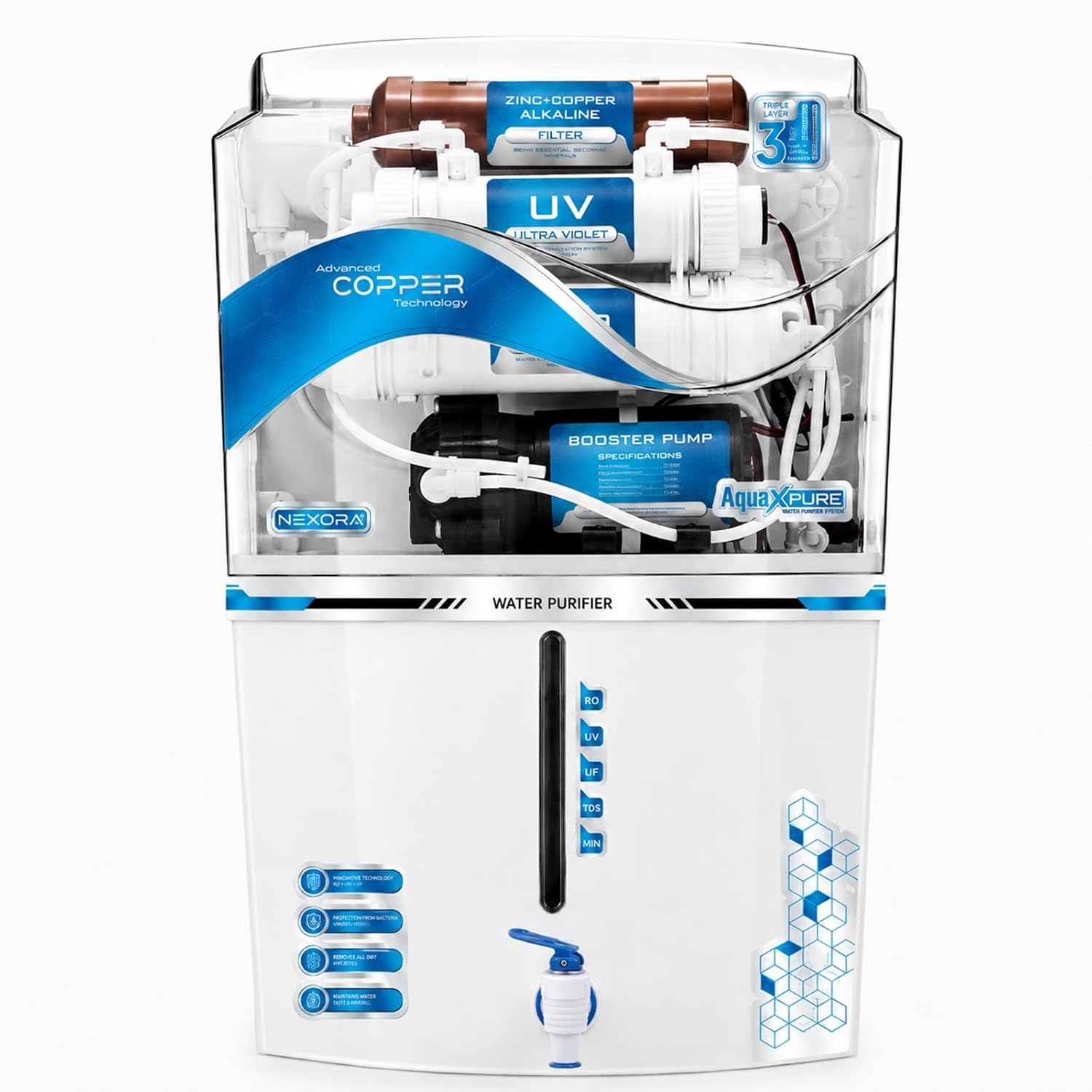 Aqua X Pure Royal Blue Smart RO Water Purifier | Advanced RO+UV+UF | Copper,Zinc & Alkaline technology | High TDS Filtration | 20 LPH Filtration | 1 Year Warranty.