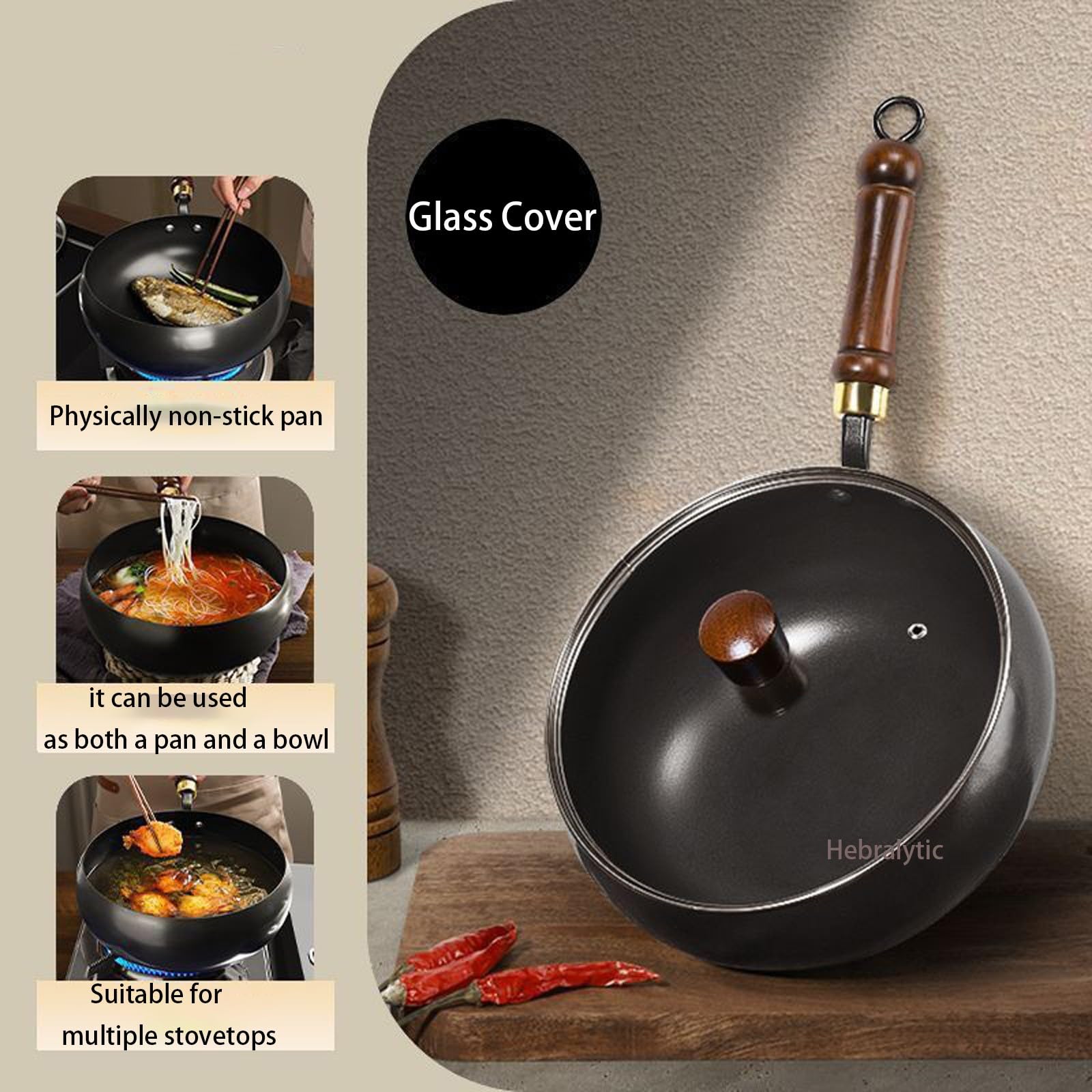 Japanische Woks aus Gusseisen, Unbeschichtete, Tiefe Bratpfannen, Handgeschmiedete Antihaft-Woktöpfe für Induktions- und Gasherde(Glass lid,26cm)