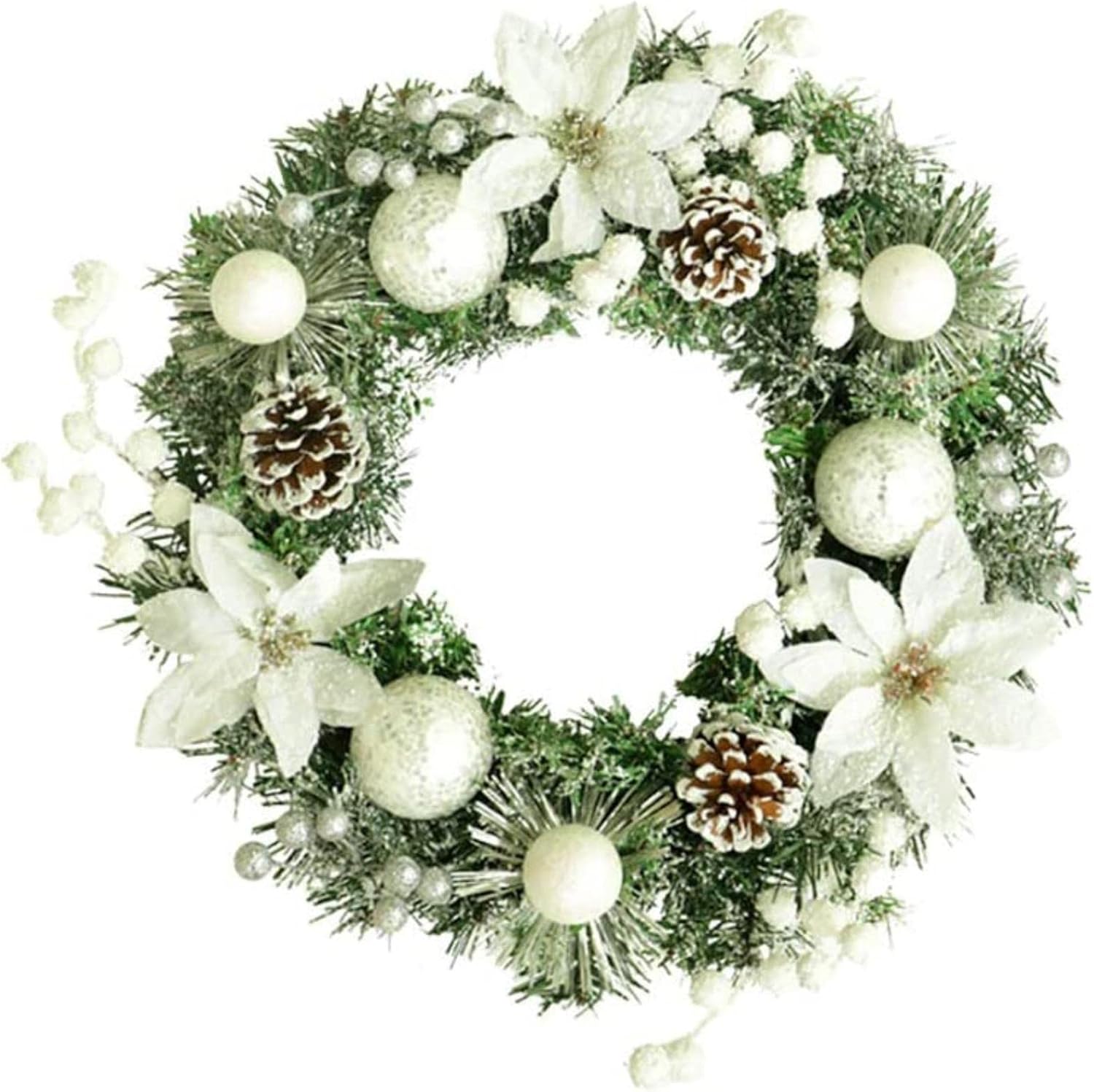 雪に覆われた松ぼっくりとカントリークリスマスリース白い花 正面玄関の窓の壁のテーブルのための冬の農家の素朴な家の装飾 卸直営