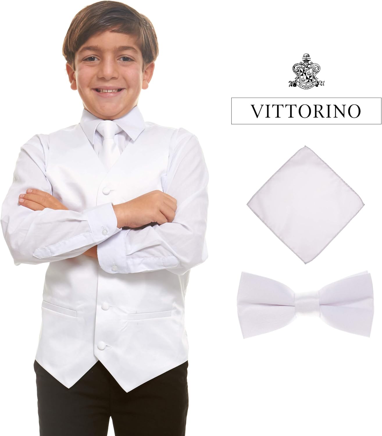 Vittorino Boy's 4 Piece Formal Satin Tuxedo Vest Set with Vest Tie Bowtie Handkerchief: Clothing, Shoes & Jewelry