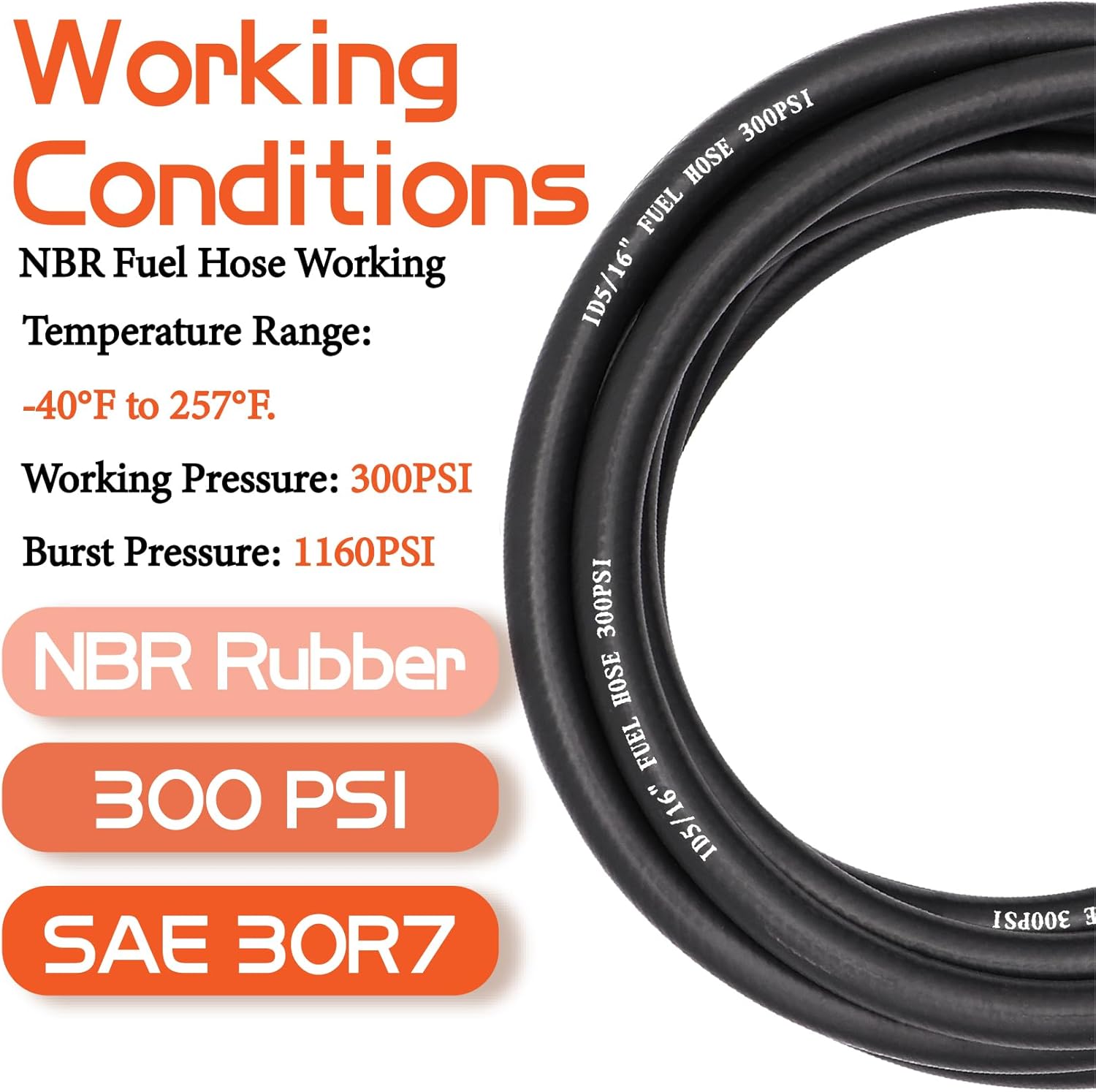 5/16 inch ID Fuel Hose Line 25FT NBR Rubber Push Lock Hose SAE 30R7 300PSI With 10 Clamps for Small Engines