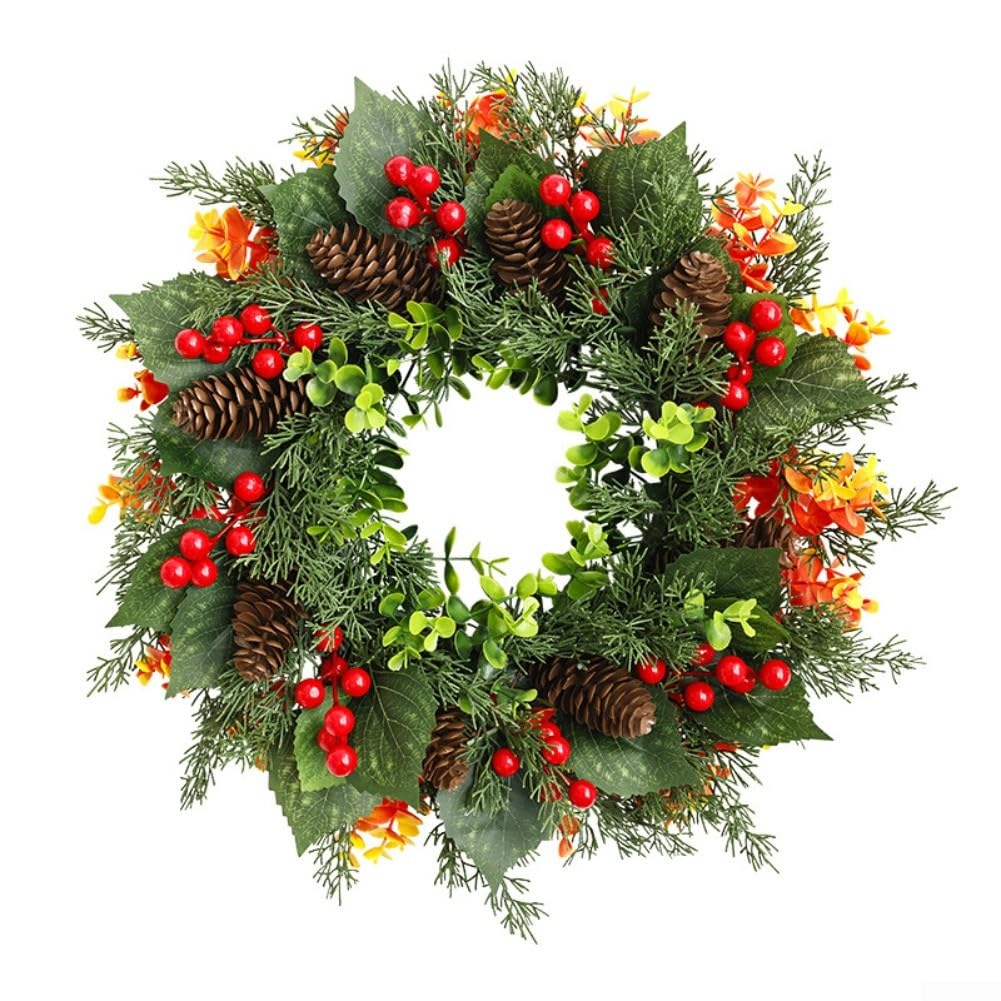 Zoegneer Corona de Navidad artificial de 40 cm con piñas y bayas rojas para decoración de vacaciones en interiores y exteriores, adorno de pared para puerta de casa, oficina, temporada de invierno