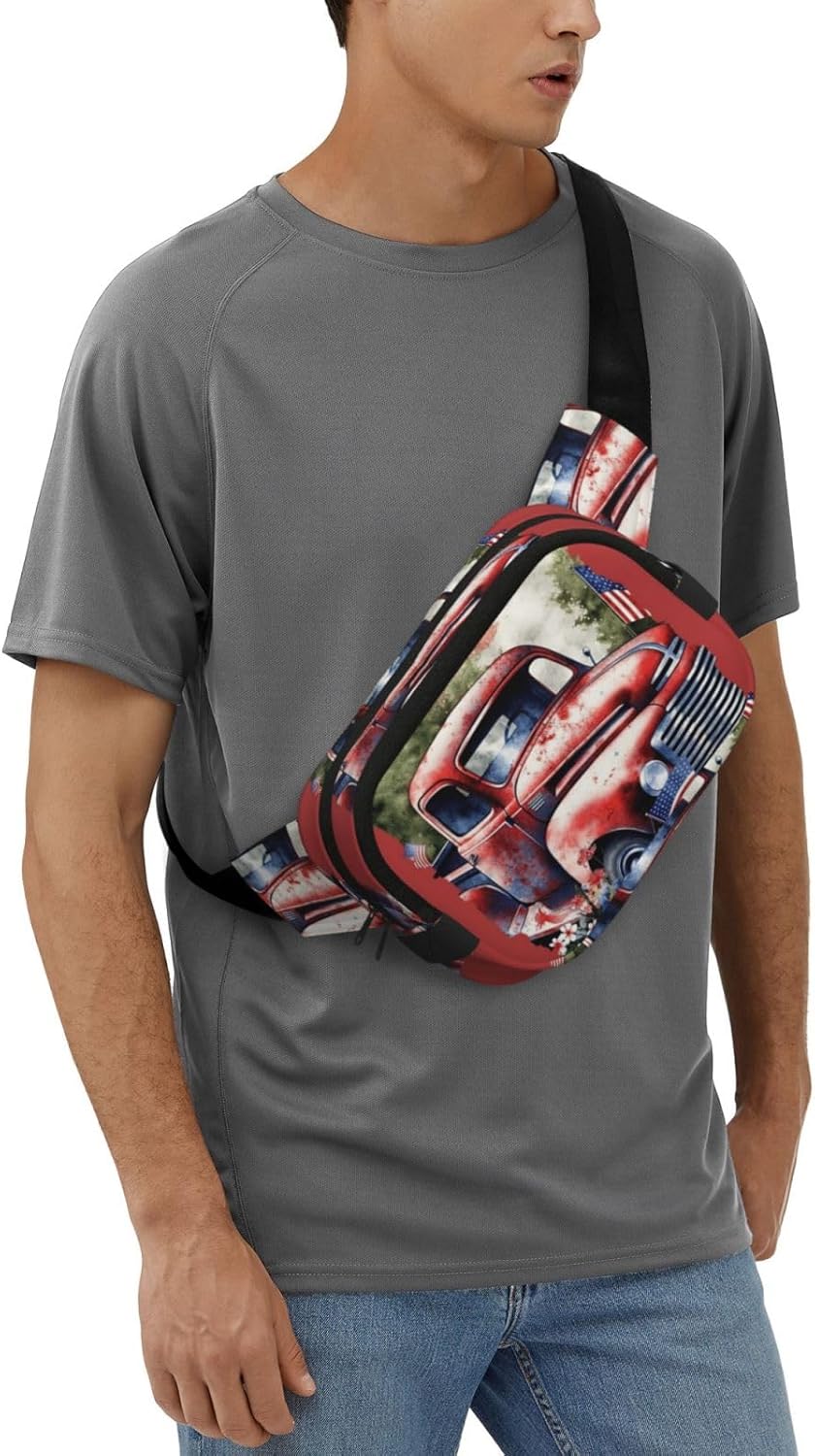 4th Of July Patriotic Old Red Truck Fanny Pack Fashion Belt Bag Lightweight Waist Pouch With Adjustable Strap Crossbody Bags For Women Travel Sports Running