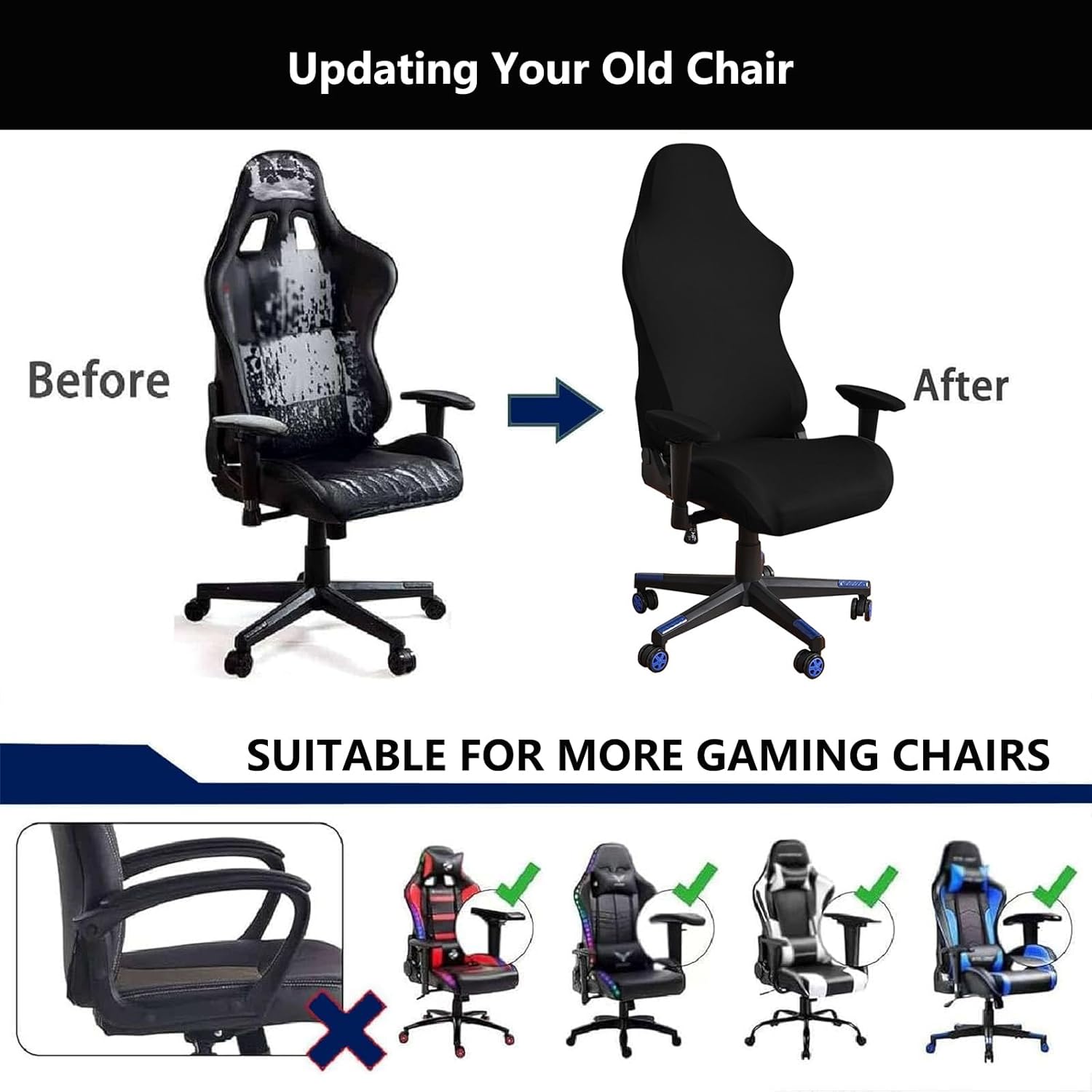 Gaming Chair Cover with Armrest Stretch Game Computer Office Desk Chairs Covers, Rotating Armchair Slipcovers Protector, for Games Room Office,Black,2 Packs