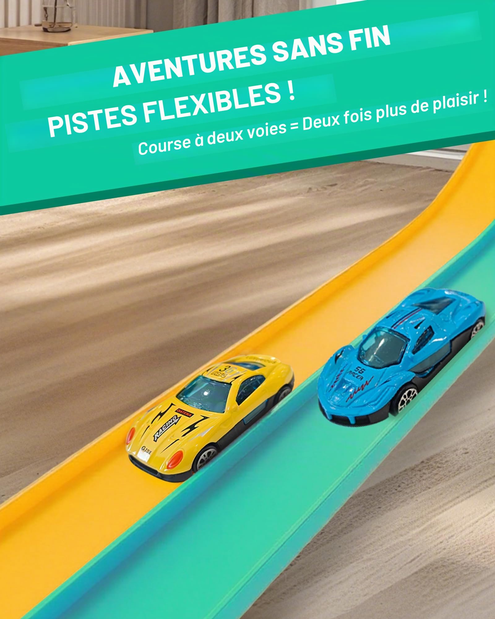snookids Circuit de course flexible pour enfants de 3, 4, 5, 6 ans, 4,6 m, avec 4 voitures jouet, cadeau pour garçons et filles