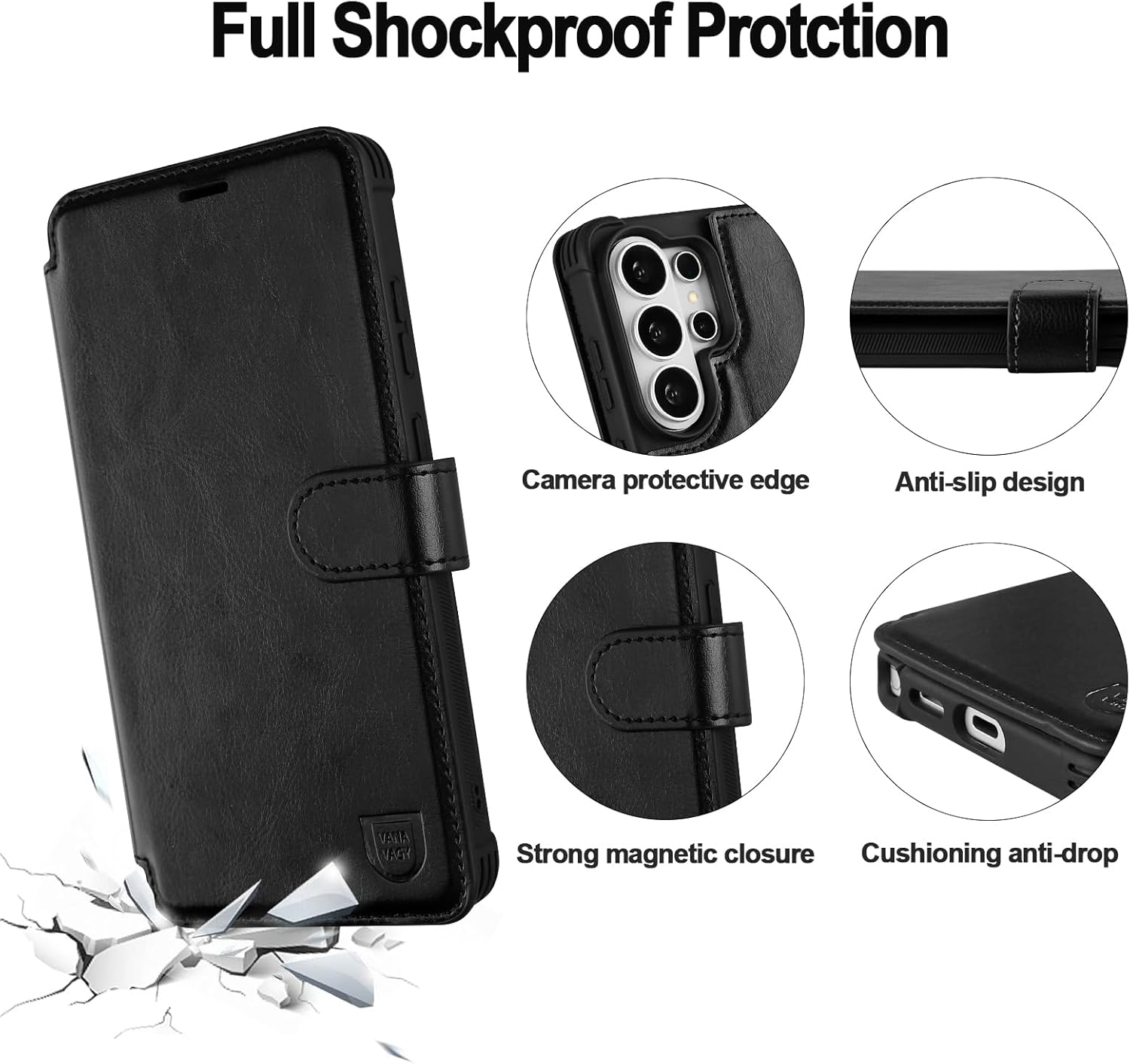 VANAVAGY Wallet Case for Galaxy S26 Ultra with RFID Blocking Card Holder, [12ft Drop Protection] Flip Folio Cover PU Leather Magnetic Shockproof Case with Wrist Strap Kickstand, Black