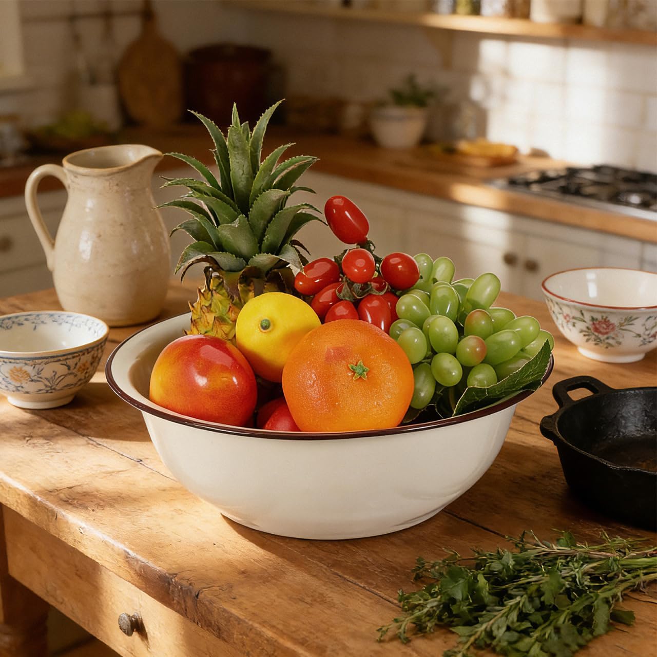 Enamel mixing bowls Vintage Enamelware Washing Basin Kitchen Bowl Porcelain Egg Beating Bowl Plate Dish for Fruit Salad Pasta Dinner Random Style