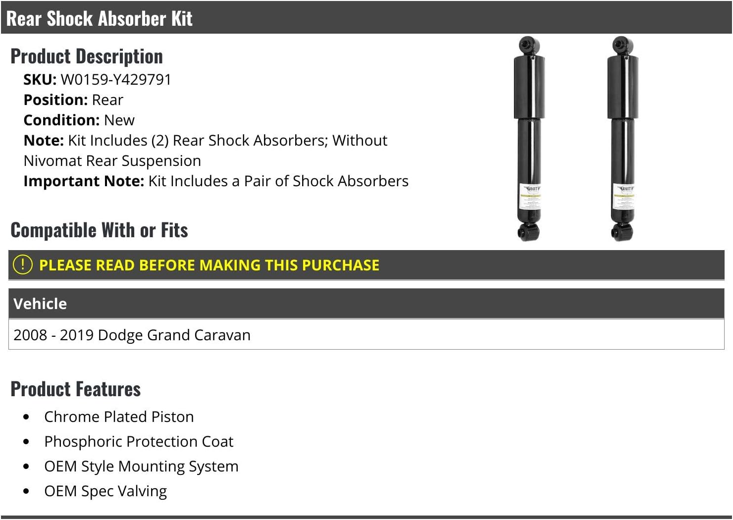 Rear Shock Absorber Kit - 2 Piece - Compatible with 2008-2019 Dodge Grand Caravan (without Nivomat Rear Suspension)