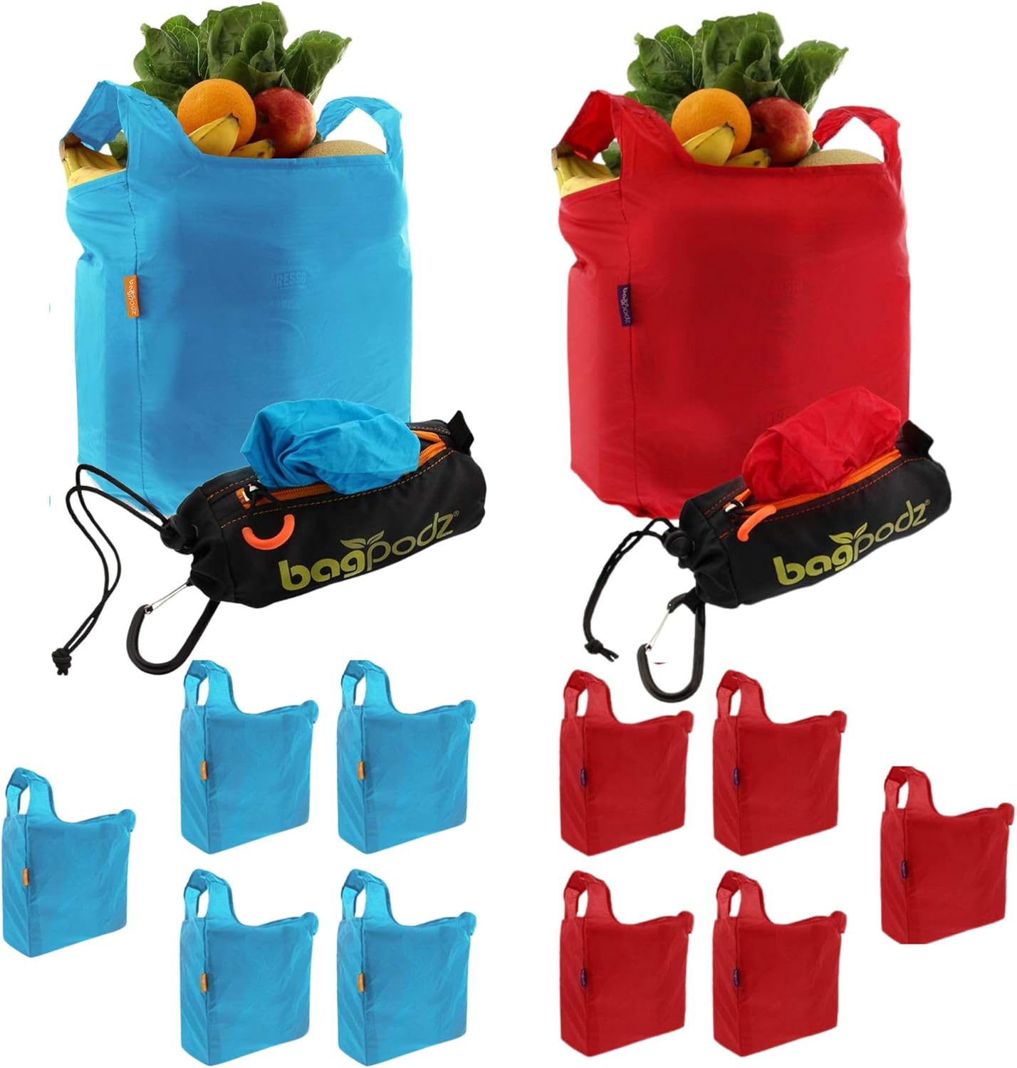 10 Sturdy Reusable Grocery Bags Made From RipStop Nylon Hold 50lbs - Reusable Shopping Bags Inside a Compact Pod with Carry Clip - Washable Grocery Shopping Bags - 5 Pack in Blue and 5 Pack in Red