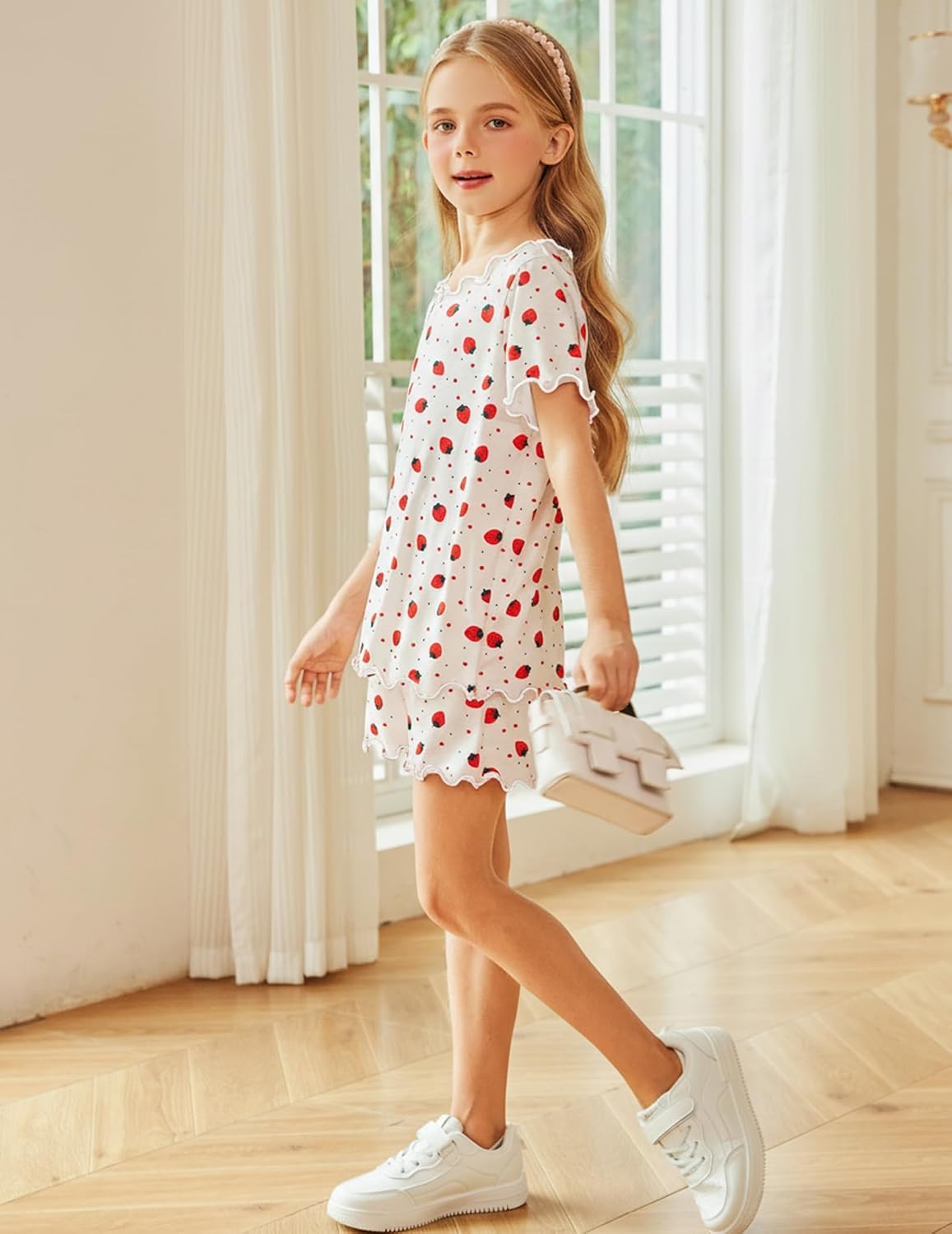 Arshiner Girls Pajama Set Short Sleeve Lounge Set Soft Shirring Summer Sleepwear Pj Sets