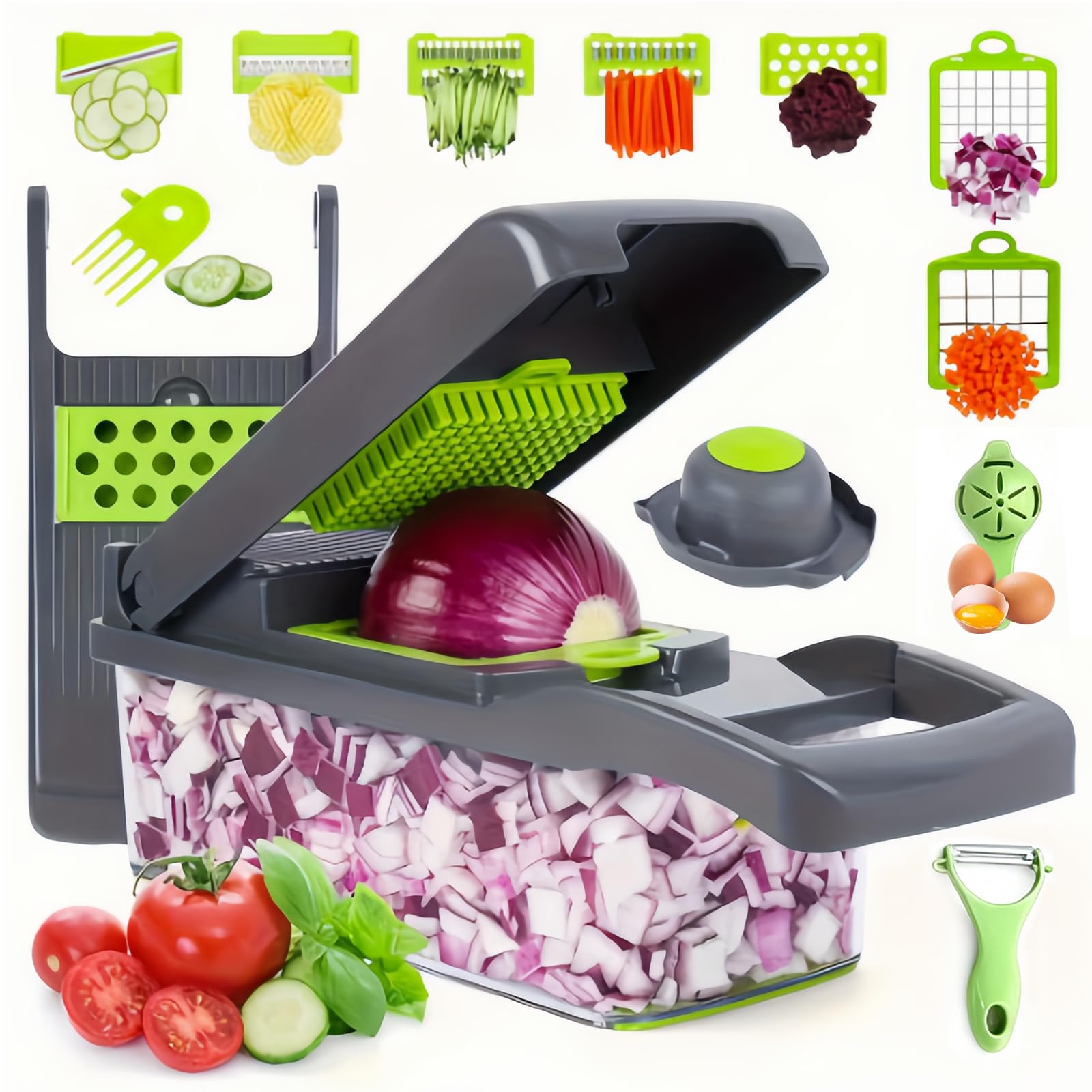 16 in 1 Vegetable Chopper, Mandoline Vegetable Slicer Multifunctional, Chopper Vegetable Cutter with 7 Blades,Cleaning Brush and Peeler,Food Chopper for Cutting Vegetables and Fruitnd Fruit