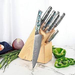 Knife Block Set 7 Pcs Premium VG10 Damascus Steel Kitchen Knives Set Fine Stainless Steel Chef Knife Set