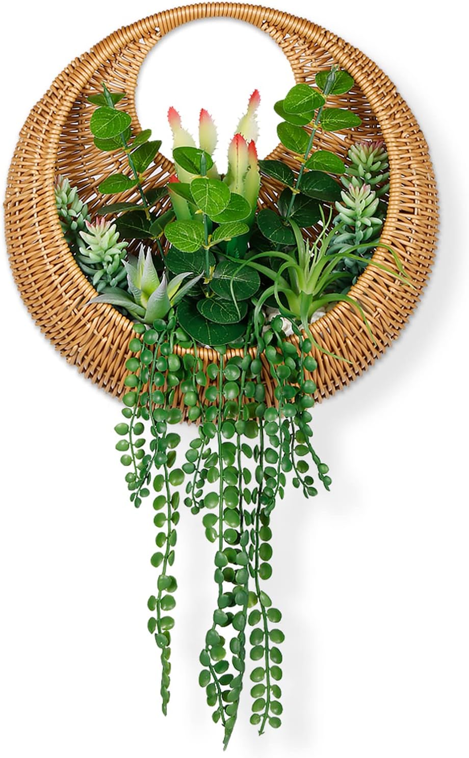 Hanging Artificial Succulent Planted in Woven Basket for Boho Wall Decor & Door Wreath,Fake Plants Hanging Wall Decor for Livingroom Bedroom Bathroom Home & Office Decor