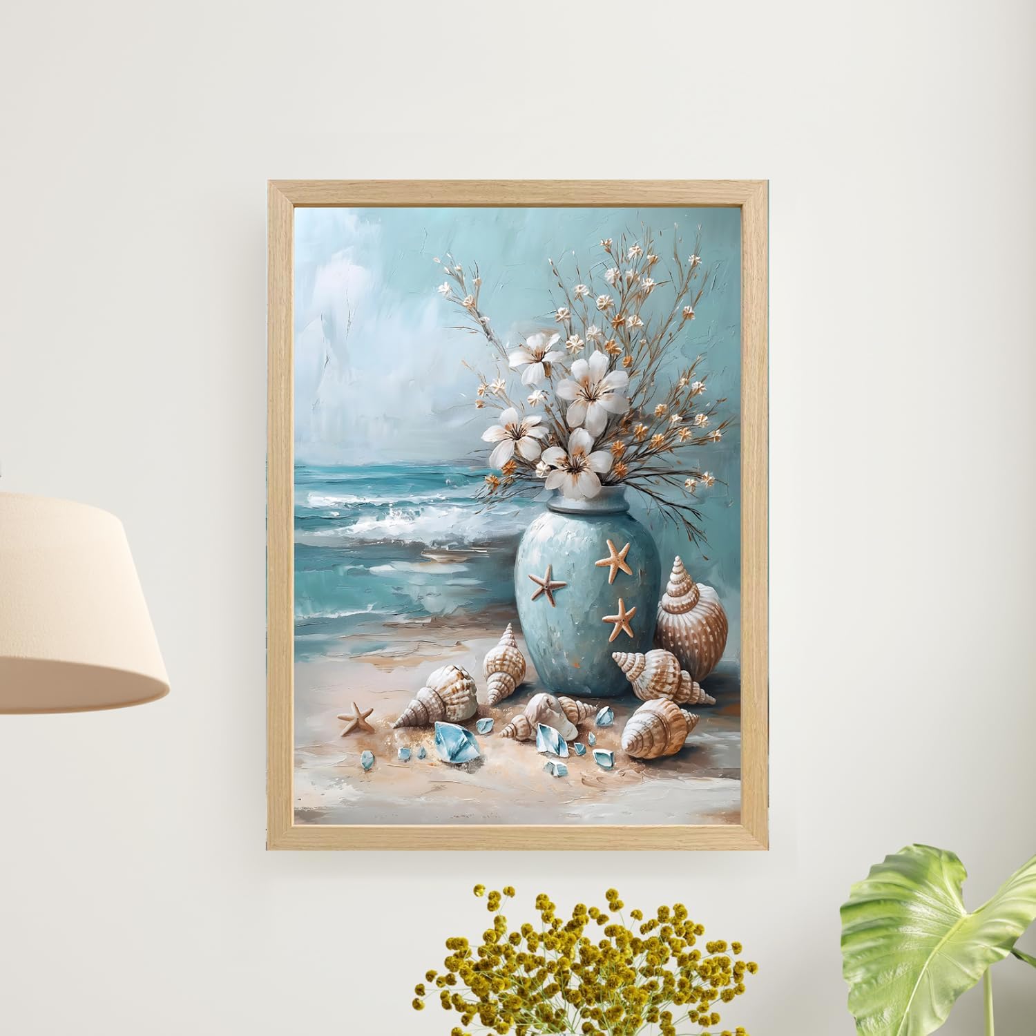 CGXY Beach Coastal Wall Art Starfish with White Flower in Vintage Vase on Teal Beach Wall Decor Blue Beach Picture Canvas Print for Bedroom Bathroom Modern Coastal Artwork Wood Framed 12"x16" 2 Pcs