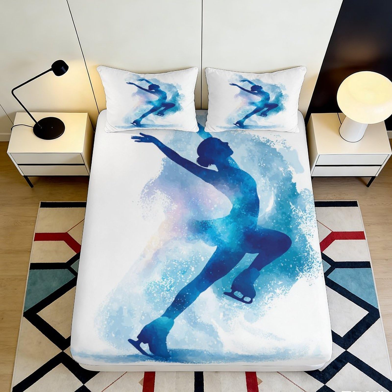 3D Printed Blue Figure Skating Fitted Sheet Microfiber Soft Ice Dance Bed Cover for Bedroom Guest Room Dorm Mattress Protection 120x200x25cm