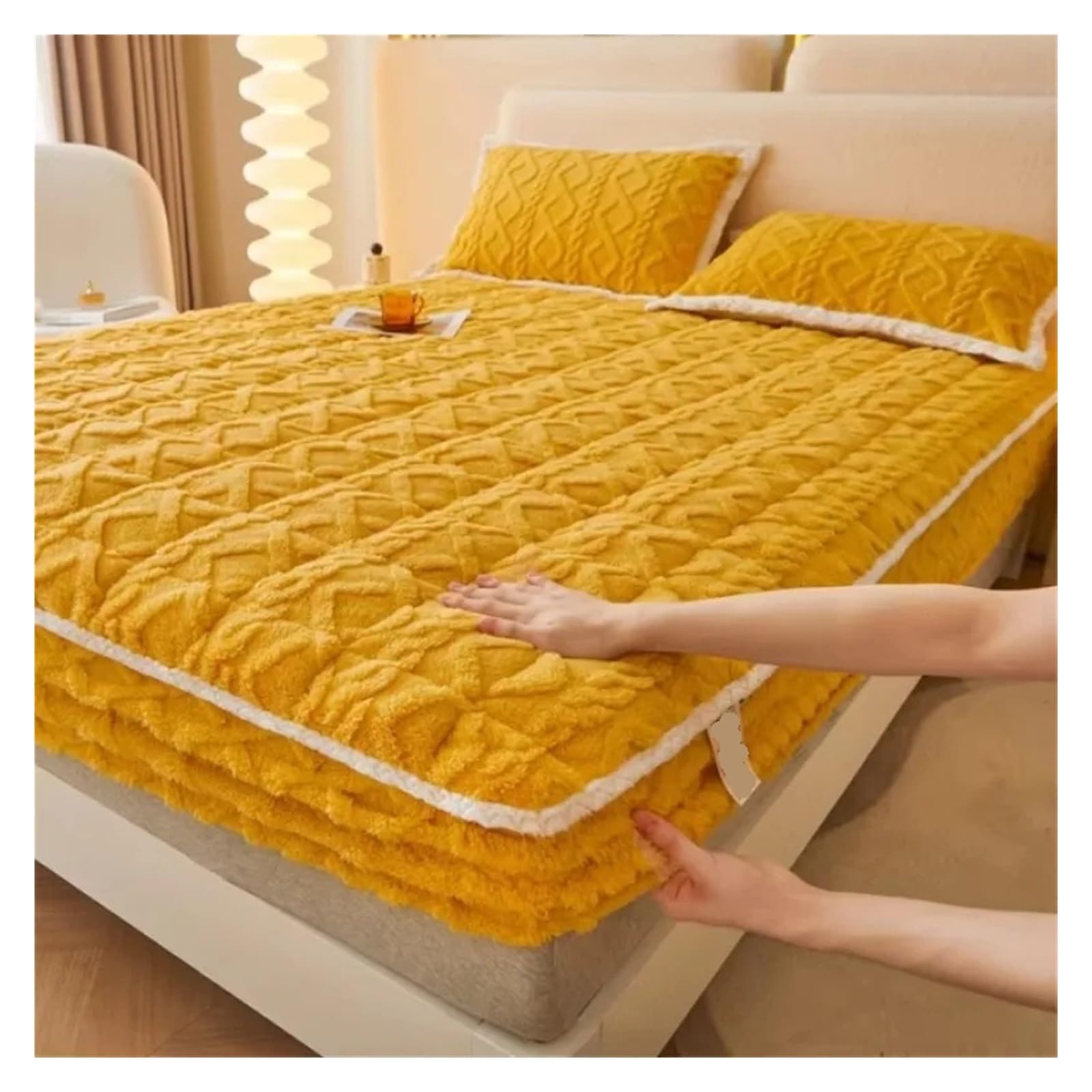 Sábana Bajera Cálida Colchón Acolchado de Lana de Leche, Colcha Gruesa de Lana, Funda Protectora de Lana de Coral de Invierno(Pink,180x200cm 1pc)