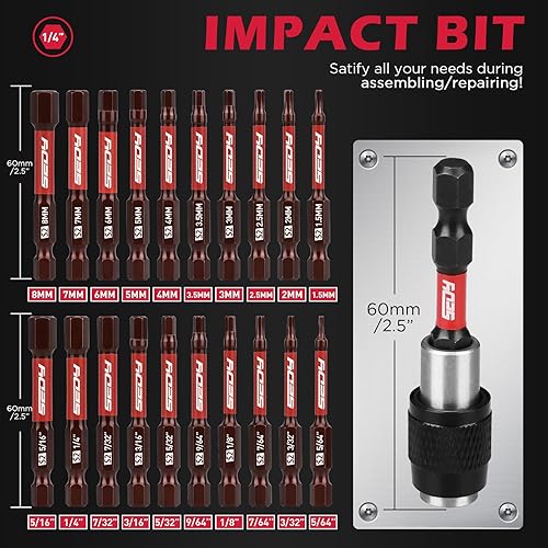 Miniatura 2 de SEDY Juego de brocas Allen de cabeza hexagonal de 20 piezas brocas hexagonales métricas y SAE S2 de acero con puntas magnéticas 23 pulgadas de largo