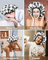 Vista 7 de Auban Gorro de ducha, gorro de ducha para mujer, forro de tela de rizo, EVA, exterior, reutilizable, doble capa, impermeable, gorra de baño grande