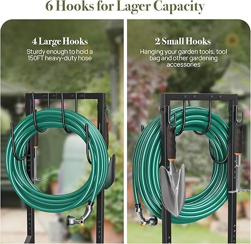 Miniatura 4 de Winpull Soporte para manguera de jardín con 4 picos, soporte de manguera independiente para exteriores, resistente, 6 ganchos, manguera de jardín de