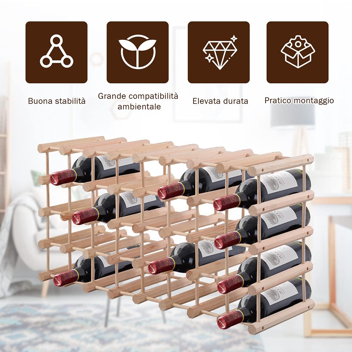 RELAX4LIFE Cantinetta Portabottiglie per Vino, Design Impilabile ed Espandibile, 40 Bottiglie, 2 Modi di Presentazione, Legno Massello di Pino, 85 x 44 x 24 cm