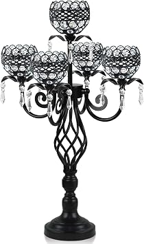 Elegant 5-Head Candelabra Centerpiece with Crystal Pendants - 23 Inch Tall Table Centerpiece for Weddings, Parties, Home Decor for Mothers Day, Holidays & Special Occasions 1, Black